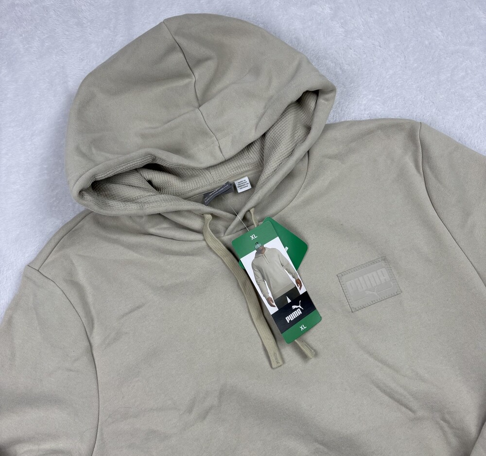 PUMA Hoodie Mens XL Beige Pullover Fleece Cotton Blend Hooded Pockets Logo